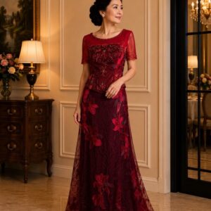 dress mama maroon bunga payet full gaun pesta