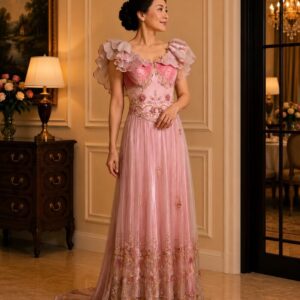 dress mama soft pink sabrina payet dada rok lengan ruffle pesta