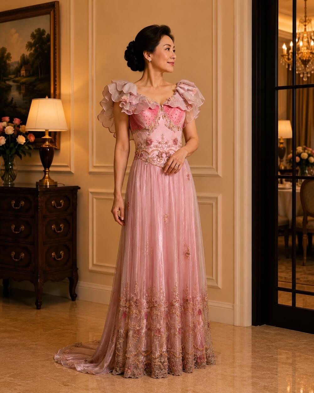 dress mama soft pink sabrina payet dada rok lengan ruffle pesta