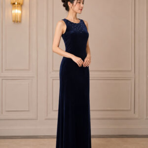 dress navy beludru tanpa lengan mutiara dada pesta remaja