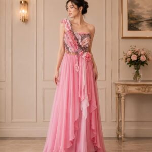 dress pink bunga bunga swaroski pinggang pesta