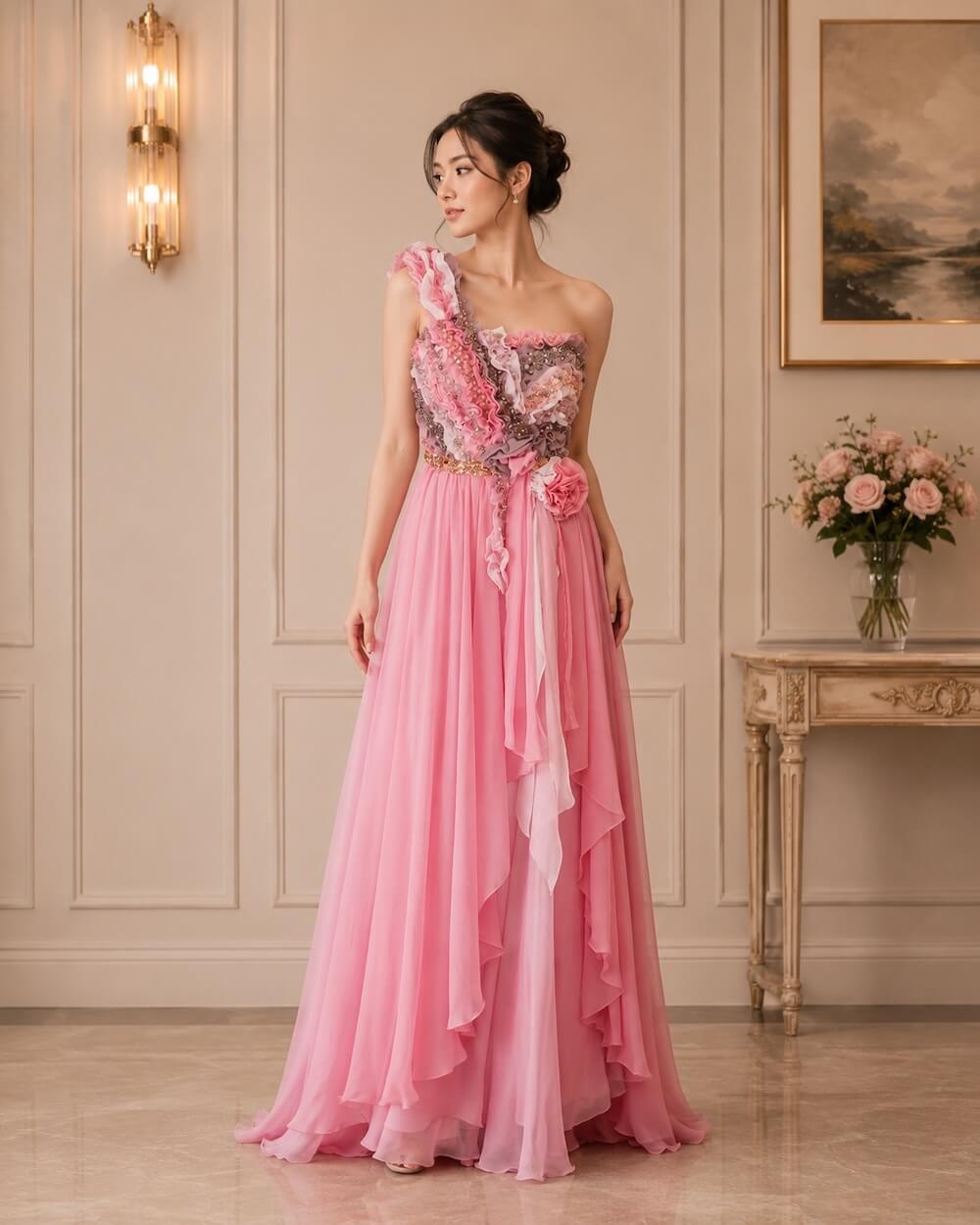 dress pink bunga bunga swaroski pinggang pesta