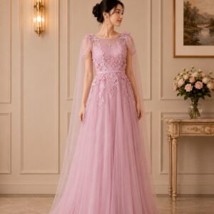 dress pink full broklat dada tile rok lengan pesta remaja