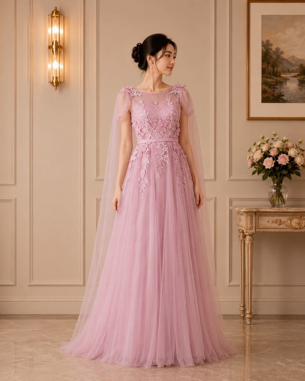 dress pink full broklat dada tile rok lengan pesta remaja