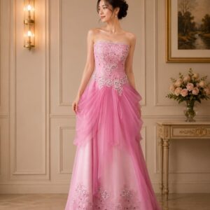 dress pink full payet broklat dada tile bawah pesta remaja