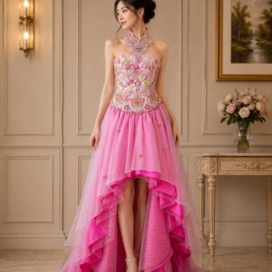 dress pink full payet dada kerah turtleneck pesta remaja