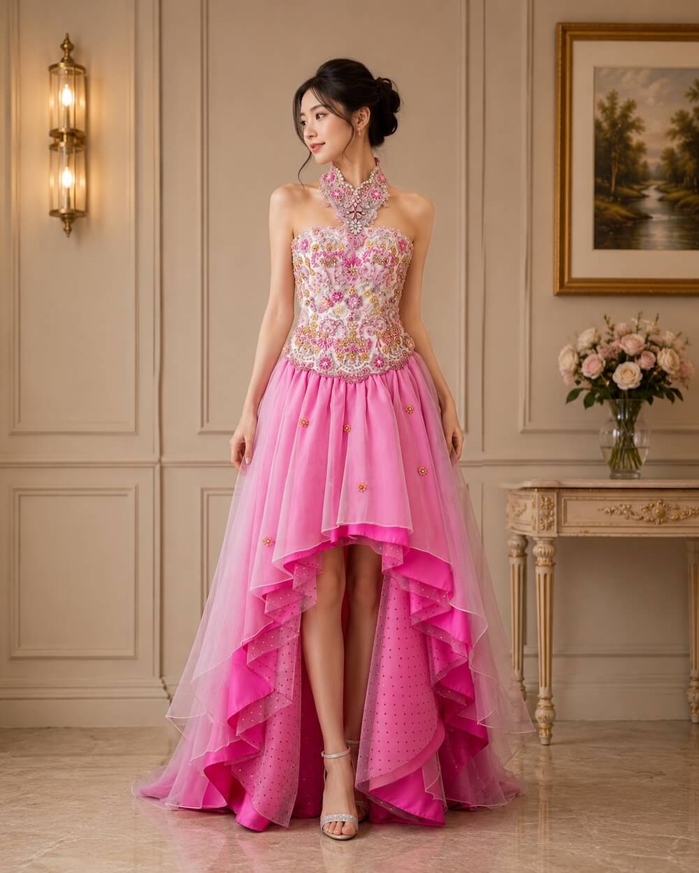 dress pink full payet dada kerah turtleneck pesta remaja