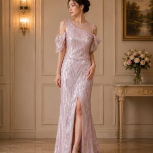 dress pink full payet lengan sabrina belahan paha