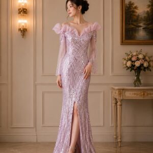 dress pink full payet organza dada belahan paha