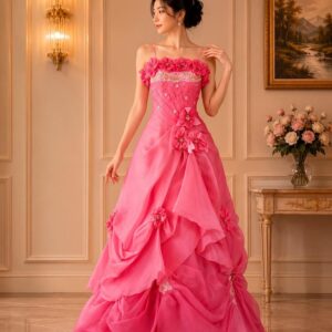 dress pink fusia bunga bunga dada pernik pesta remaja