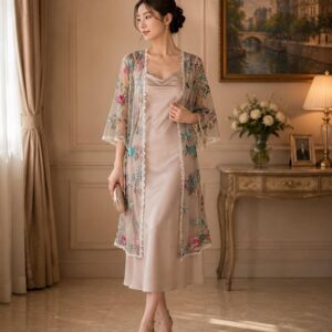dress remaja outer tile bunga abu pesta