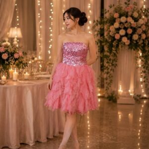dress rumbai rumbai pendek payet dada pilihan pink pesta presweet remaja