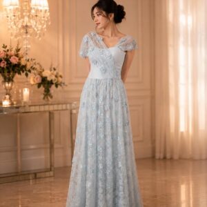 dress soft blue tile glitter bunga dada lengan rok pesta remaja