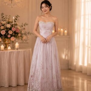dress soft pink bunga detail rok atasan pesta remaja
