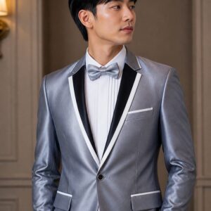 jas pria biru abu metalik satu kancing list hitam slim fit ld 100cm pesta formal