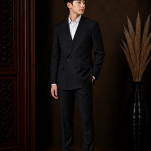 jas pria hitam double breasted empat kancing slim fit ld 116cm pesta formal