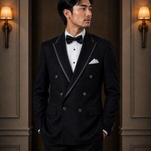 jas pria hitam double breasted enam kancing ld 104cm pesta formal