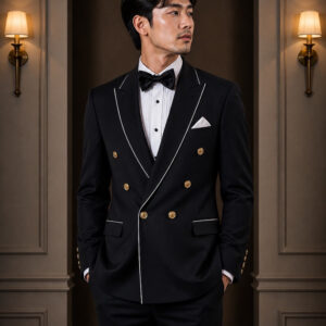 jas pria hitam double breasted enam kancing slim fit ld 114cm pesta formal