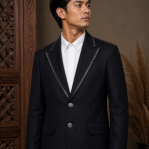 jas pria hitam dua kancing list putih ld 86cm pesta formal