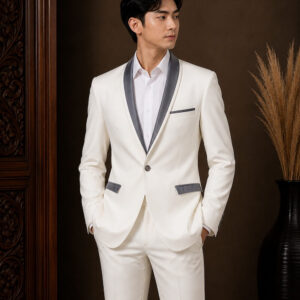 jas pria putih gading satu kancing list abu abu slim fit ld 112cm pesta formal