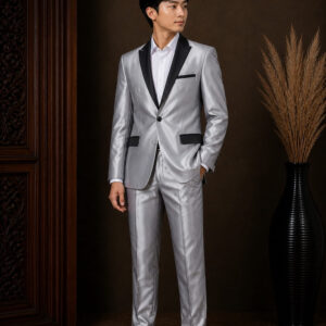 jas pria silver abu metalik satu kancing set celana slim fit ld 100cm pesta formal