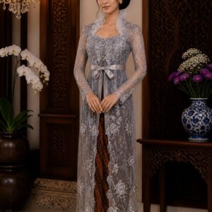 kebaya abu abu panjang brokat bunga ikat pinggang lengan panjang pesta elegan