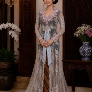 kebaya abu abu panjang tile bordir bunga pink ekor lengan panjang pesta mewah