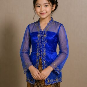 kebaya anak biru elektrik gold brokat tile lengan panjang pesta elegan