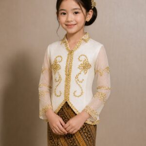 kebaya anak putih gold bordir scrollwork lengan panjang pesta formal