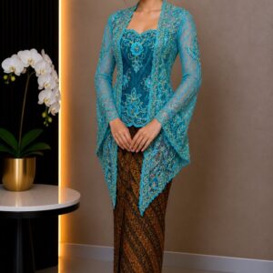 kebaya biru tosca payet brokat tile panjang lengan panjang pesta elegan