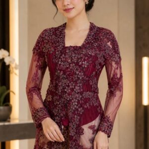 kebaya burgundy broklat bunga payet kerah v pesta