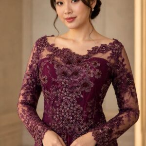 kebaya burgundy broklat bunga payet lengan panjang pesta
