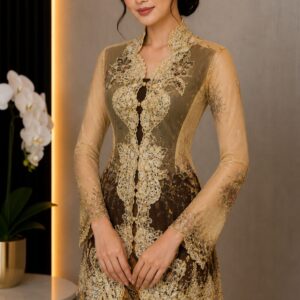 kebaya coklat kombinasi gold broklat bunga kancing depan pesta