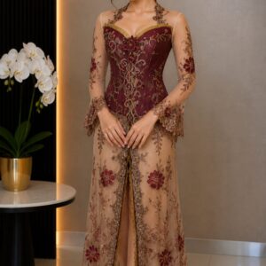 kebaya coklat tua panjang korset broklat bunga tile pesta