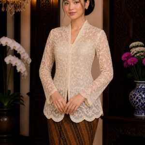 kebaya cream full payet motif daun tile scallop lengan pendek pesta elegan