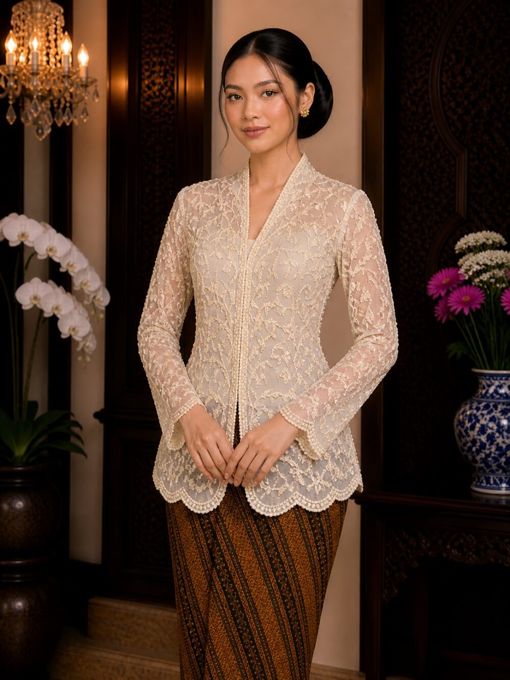 kebaya cream full payet motif daun tile scallop lengan pendek pesta elegan