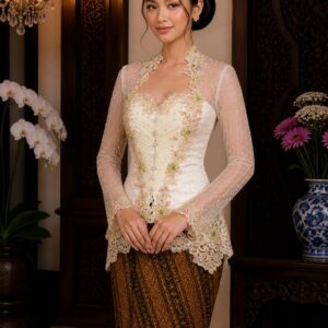 kebaya cream lengan panjang payet bunga 3d corset tile pesta glamor mewah