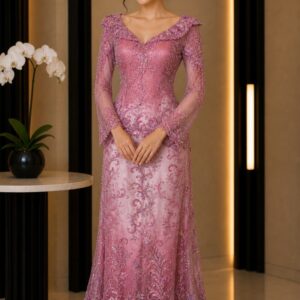 kebaya dress pink broklat bunga warna warni detail bawah pesta