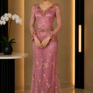 kebaya dress pink broklat bunga warna warni lengan panjang pesta
