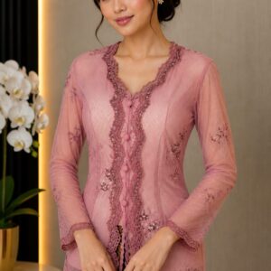 kebaya dusty pink renda tepi bunga kancing depan pesta