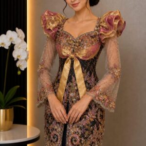kebaya gradasi pendek payet warna warni pita gold lengan ruffle pesta