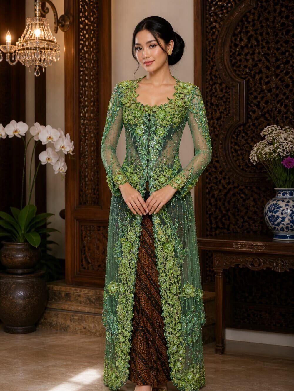 kebaya hijau matcha tua kombinasi full payet bunga 3d panjang lengan panjang pesta glamor