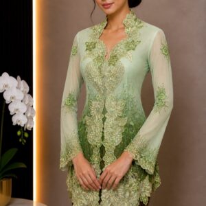 kebaya hijau muda kombinasi tile bordir bunga daun lengan panjang pesta elegan