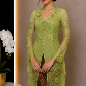 kebaya hijau muda kombinasi tile bordir bunga daun lengan panjang pesta kasual