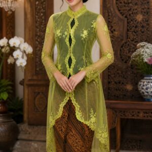 kebaya hijau muda panjang tile bordir bunga lengan panjang pesta modern
