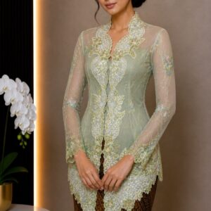 kebaya hijau soft tile bordir bunga daun lengan panjang pesta elegan
