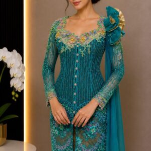 kebaya hijau toska full payet bunga 3d pleats lengan panjang pesta mewah