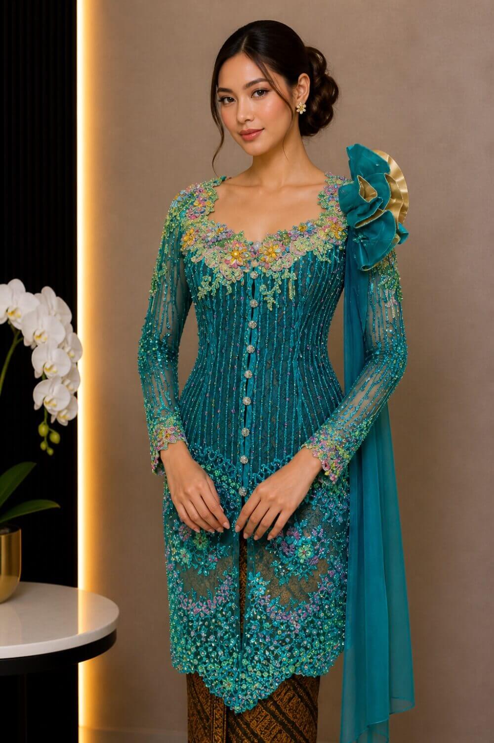 kebaya hijau toska full payet bunga 3d pleats lengan panjang pesta mewah