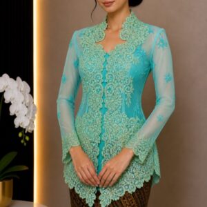 kebaya hijau toska pendek brokat applique scallop lengan panjang pesta elegan