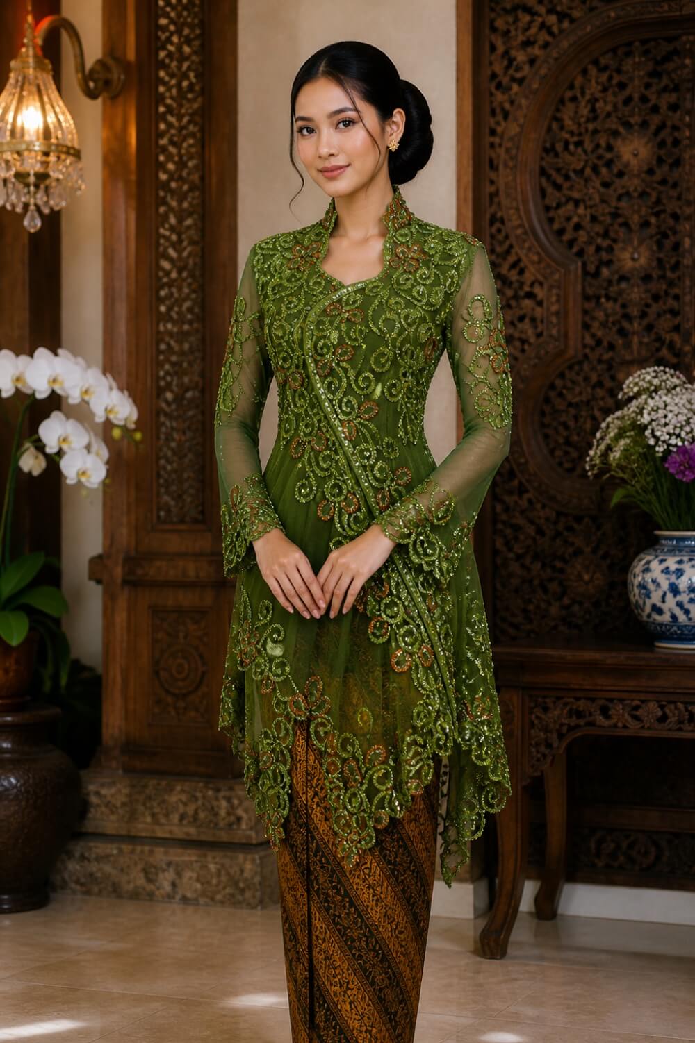 kebaya hijau tua full payet bordir scrollwork asimetris lengan panjang pesta mewah